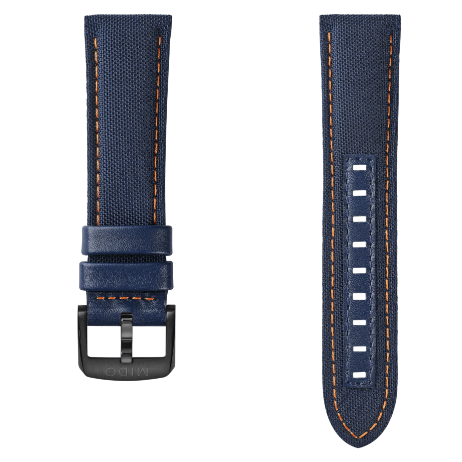 MIDO Multifort TV Big Date blue fabric and leather strap 22mm