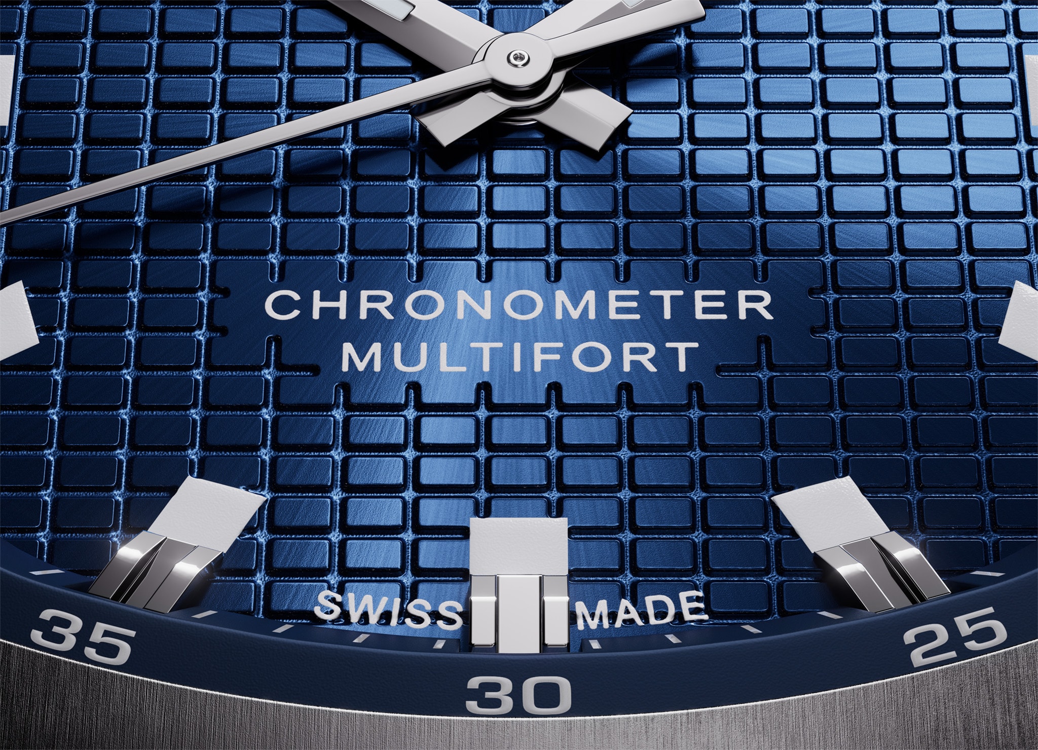 Close-up of the blue checkerboard dial and chronometer inscription